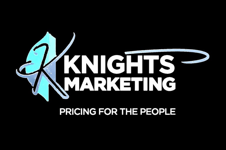Knights Marketing logo featuring a light blue knight chess piece and sword on black background with tagline Pricing for the People